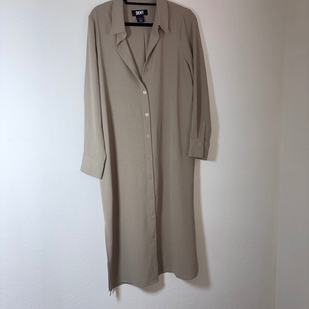 DKNY Maxi Shirt Dress 12 Taupe Beige Excellent Long Sleeve Button Front Crepe